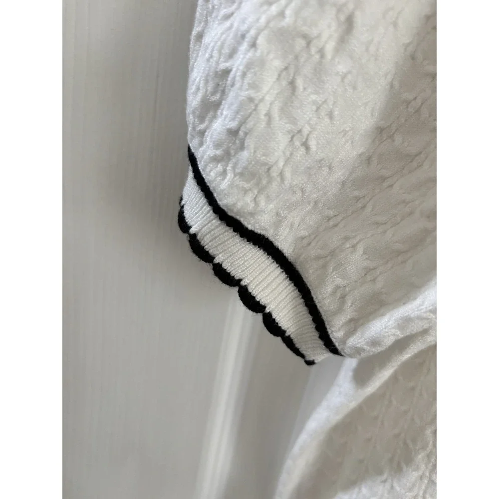 Adrianna Papell Ladylike Scalloped Edge Short Sleeve Sweater Size Large Wht/Navy - Picture 4 of 11